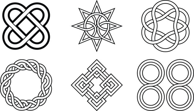 Celtic knot abstract geometric symbols vector set, traditional tribal line art ornaments graphic design element