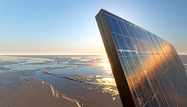 Solar Panel at Sunset: A modern solar panel stands tall against a serene sunset, reflecting the warm golden light over a vast, almost alien landscape.