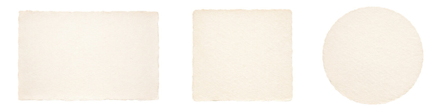 Handmade paper cards set isolated PNG, blank deckle edge paper sheets in rectangle square and round shapes on transparent background, textured stationery mockup