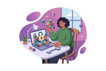 Naklejka premium Woman building digital security with blocks and laptop, holding a key