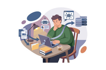 Fototapeta premium Man working on laptop with data flow and AI bot illustration