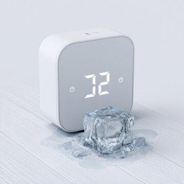 A smart thermostat sits on a white surface with a melting ice cube beneath it. This setup symbolizes a climate concern in a simple environment.