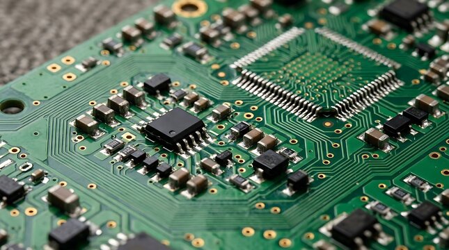 Close up view of a green electronic circuit board with computer chips and microprocessors for technology hardware