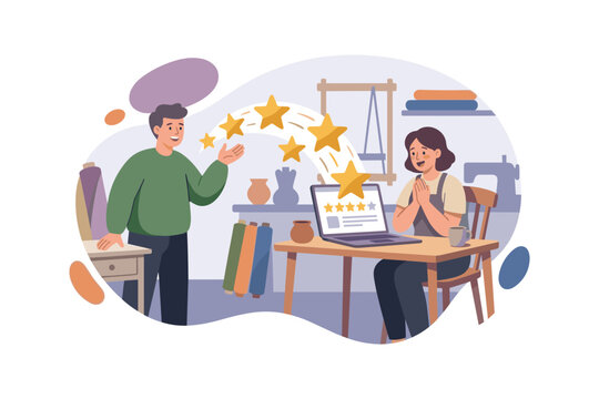 Happy people receiving positive online reviews and star ratings for their craft business