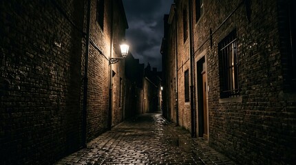 Obraz premium Narrow old stone alleyway in a historic european city at night with warm glowing street lamp lighting the cobblestones