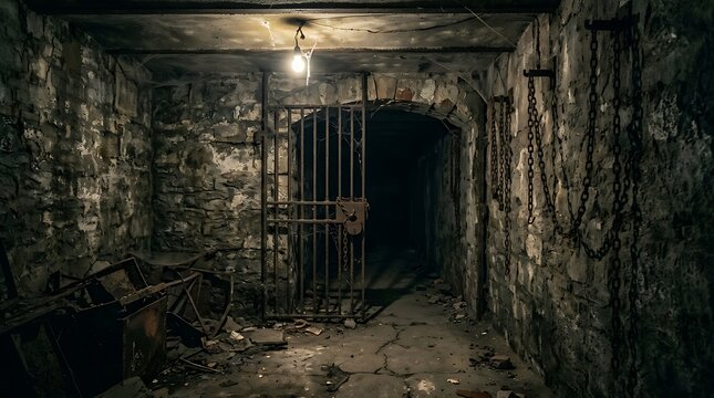Dark and scary abandoned prison cell with old rusty iron bars and stone walls in a creepy dungeon hallway
