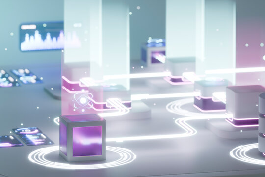 3D neon processing node linked across a luminous data grid.