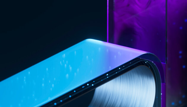 3D futuristic signal curve with glowing digital particles.