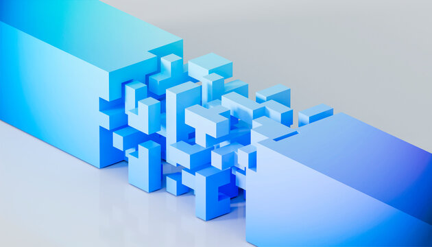 3D digital puzzle flow connecting white architectural forms.