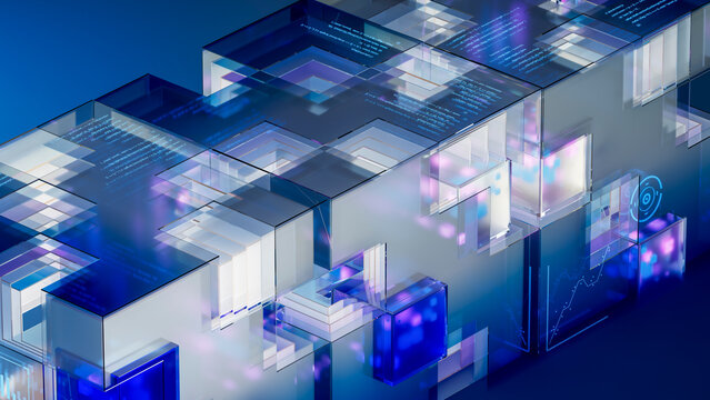 3D glass technology structure with data charts and code.