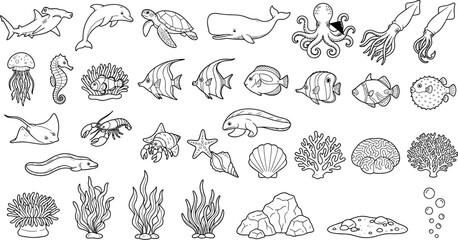 Sea life and ocean animals line art vector icon setSea life and ocean animals line art vector icon set © MDJAHIDUL
