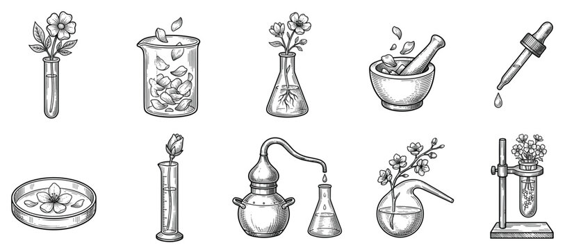 Natural cosmetics icons set. Organic beauty and herbal medicine concept. Includes test tube, beaker, flask, mortar, dropper, petri dish, retort. Hand-drawn doodle style