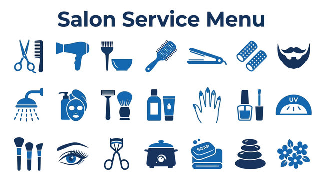 Salon service menu icon set showing hair, beauty, grooming, and spa treatments in blue minimalist style
