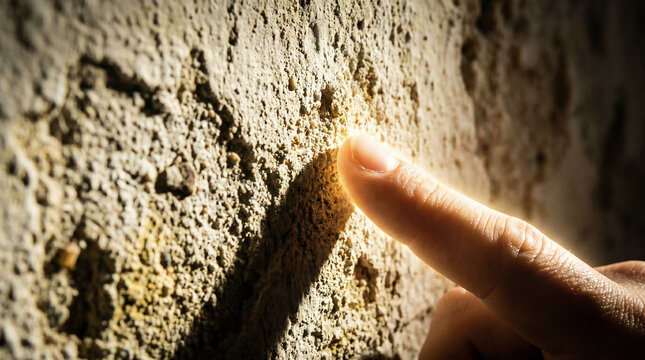 A terrifying divine hand appearing out of thin air at Belshazzar's grand feast, touching the plaster wall. Old Testament judgment