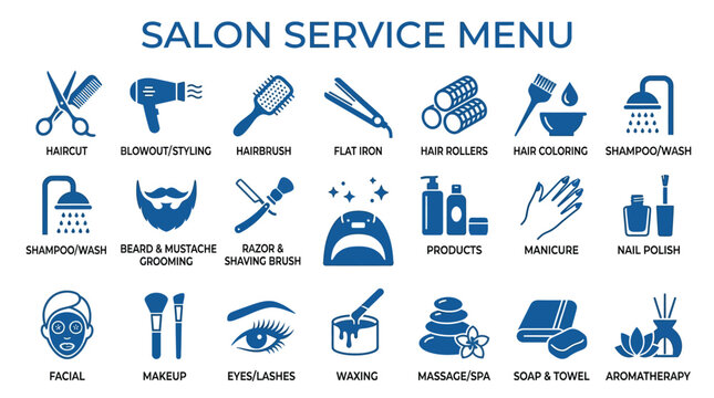 Salon service menu icon set showing hair, beauty, grooming, and spa treatments in blue minimalist style
