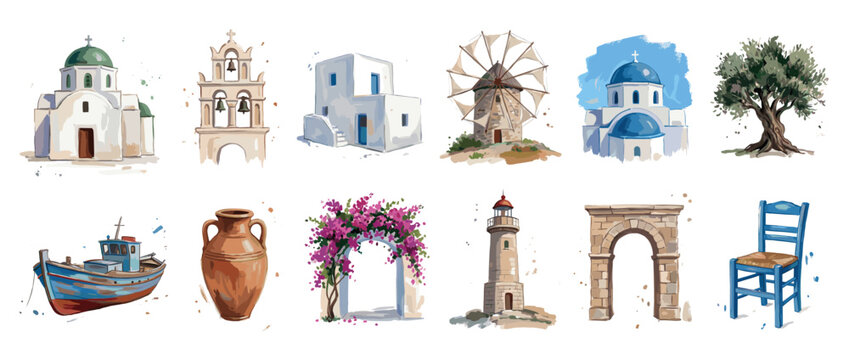 Greece travel icons set. Traditional Greek architecture and culture concept. Includes church, bell tower, house, windmill, olive tree, fishing boat, amphora, arch, lighthouse, chair