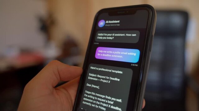 Hand sending message to AI chatbot assistant on smartphone close-up 