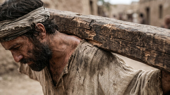 The prophet Jeremiah walking through the crowded streets of Jerusalem wearing a heavy wooden ox yoke around his neck as a dire warning