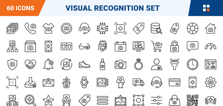 Visual search visual recognition app visual line icon set. Vector pictograms of image, photo, discovery, and camera elements, thin linear illustration.