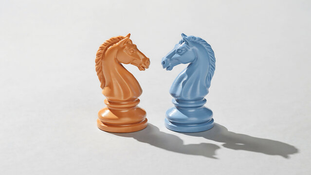 Two chess knight pieces facing each other on white background with strategy