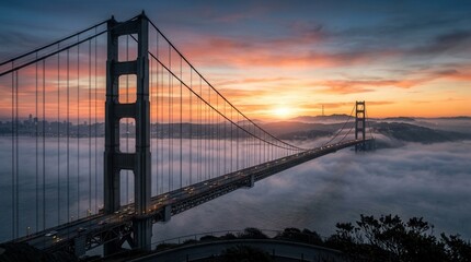 Fototapeta premium Golden Gate Bridge Sunrise Fog Over San Francisco Bay.