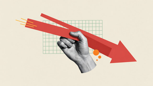 Illustration of human hand holding down a descending red market trend arrow