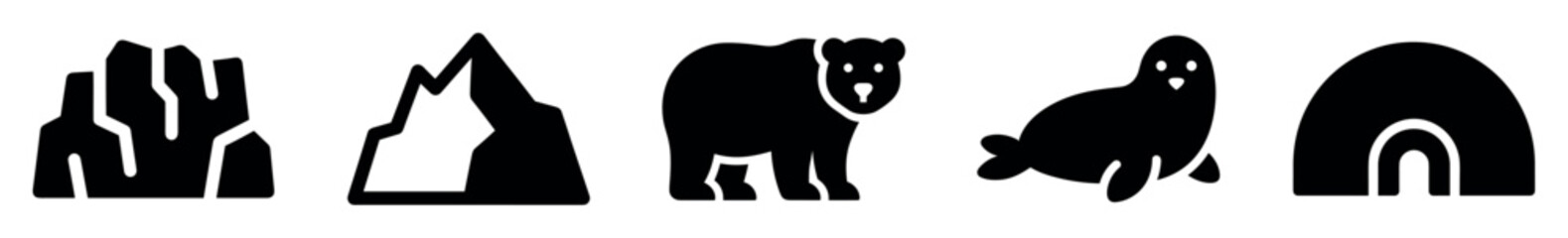Obraz premium Arctic icons set. North Pole and cold climate concept. Includes iceberg, mountain, polar bear, seal, igloo. Solid black silhouette style