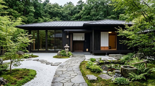 Traditional japanese house with zen garden and koi pond