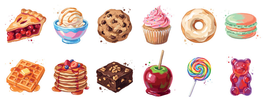 Dessert icons set. Sweet treats and bakery concept. Includes cherry pie, ice cream, chocolate chip cookie, cupcake, donut, macaron, waffle, pancakes, brownie, candy apple, lollipop, gummy