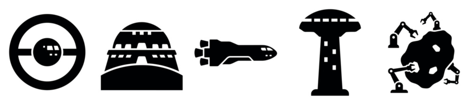 Space exploration icons set. Futuristic technology and cosmic travel concept. Includes space station, colony dome, spaceship, control tower, asteroid mining. Solid black silhouette style