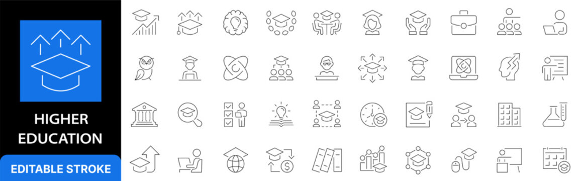 Higher education and e-learning line icon set. University degree, graduation hat, academic study, science and online knowledge outline symbols. Editable stroke.