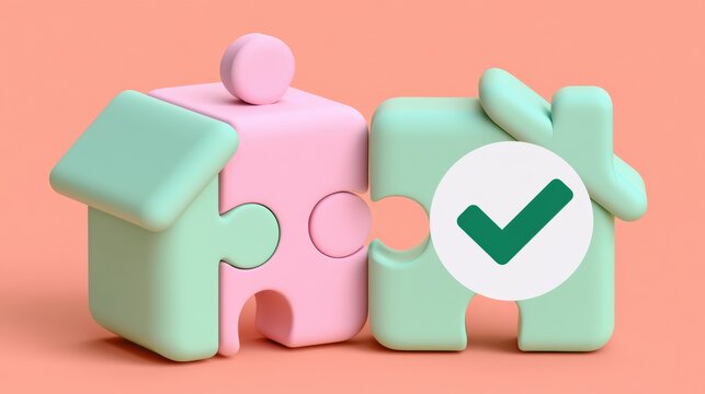 Two soft clay house modules click together in a mint and coral setting, showing a perfect fit with a check icon.
