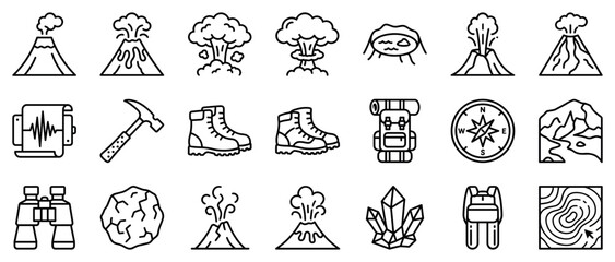 Fototapeta premium Geology and vulcanology icons set. Earth science and natural phenomena concept. Includes volcano, explosion, seismograph, hammer, boots, backpack, compass, mountain, binoculars, rock,