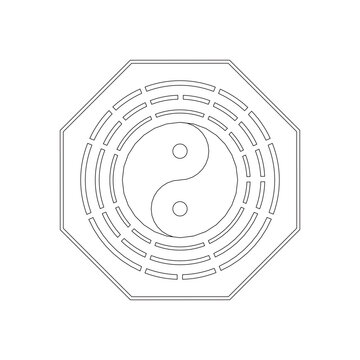 Traditional Bagua eight trigrams diagram with Five Elements symbols, ornate Chinese Feng Shui vector illustration. Five Elements symbols (metal, wood, water, fire, earth)	
