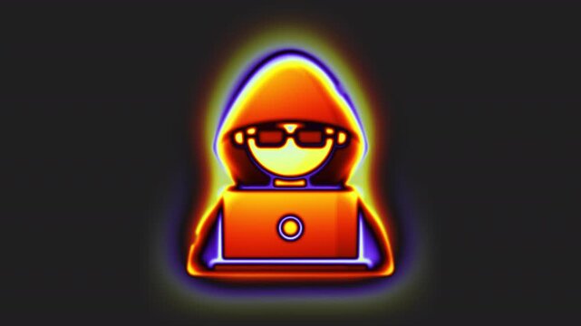 Glowing Thermal Gradient Hacker Character with Hood Sunglasses and Laptop Orange Purple Neon Effect on Transparent Background