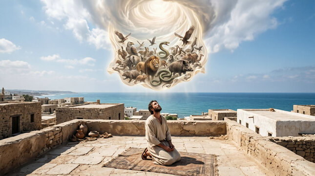 Peter's vision on the rooftop in Joppa. A massive sheet let down from heaven filled with all kinds of clean and unclean animals