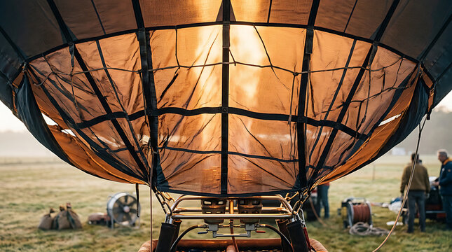 Close-up view of a hot air balloon burner igniting flames to inflate the canopy for flight, preparing for an adventure.