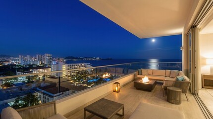 Fototapeta premium Luxury Balcony Overlooking City and Ocean at Night.