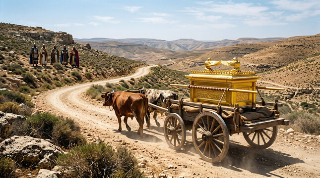 The Philistines returning the captured Ark of the Covenant on a newly built wooden cart pulled by two milk cows