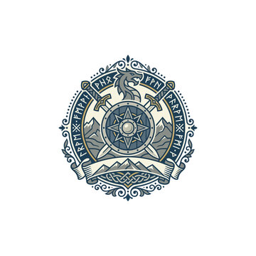 Viking Compass Shield Logo Vector with Norse Griffin, Crossed Swords, Nordic Rune Emblem, Celtic Knot Ornament, Mythology Warrior Crest, Vintage Heraldic Badge Design