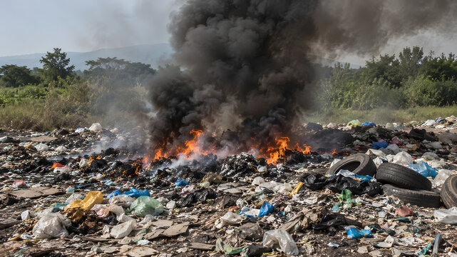 Large landfill fire producing heavy smoke illustrating environmental pollution, waste management challenges, and climate impact