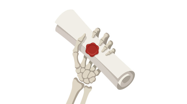 Human skeleton hand holding a rolled ancient scroll with red wax seal historical mystery flat vector illustration.