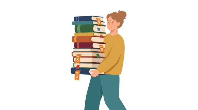 Young woman student carrying a heavy stack of books with discount tags for bookstore sale flat design vector illustration.