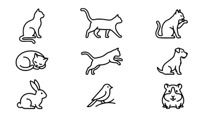Obraz premium Minimal Pet Animal Outline Icons Cat Dog Rabbit Bird and Hamster Collection for Veterinary Design
