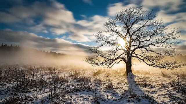 Solitary tree in a snowy field with sunrise and misty winter atmosphere