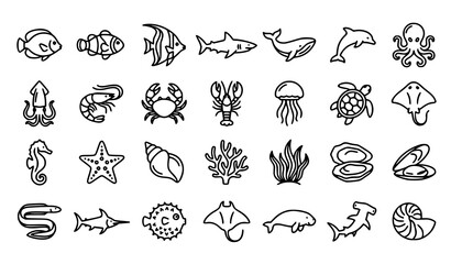 Cute Marine Animals Fish Shark Dolphin Crab Jellyfish Coral Ocean Life Outline Icon Collection Set © Madhobe