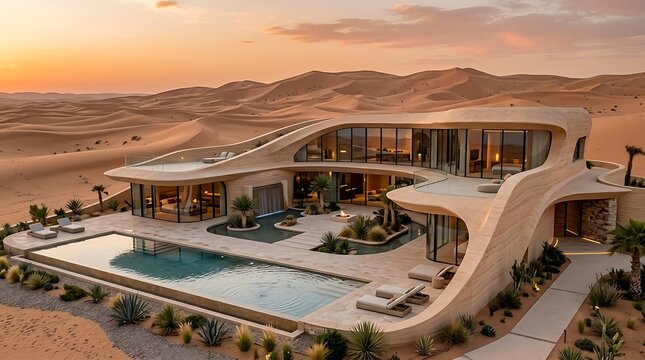 Modern luxury villa with infinity pool in the middle of the desert at sunset
