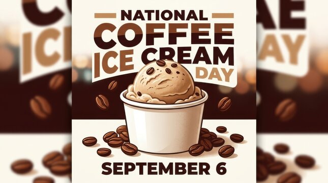 National Coffee Ice Cream Day poster. September 6 holiday graphic with coffee beans.
