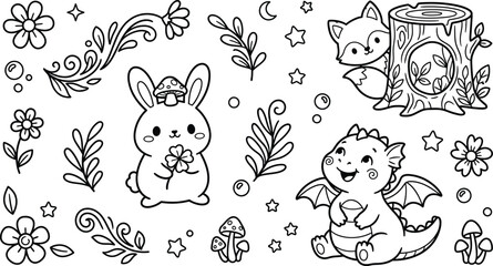Fototapeta premium Vector illustration of cute rabbit and baby dragon in the forest coloring page design with coloring mushroom woodland children illustration creative activity isolated adventure