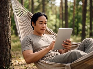 Fototapeta premium Man relaxing on hammock using tablet in forest